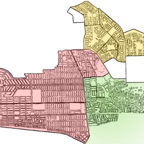 Pikine: planimetria del quartiere negli anni Settanta (rosso – nucleo originario, giallo – prima espansione, verde – settore irregolare) [fonte: Marc VERNIÈRE]