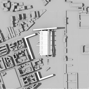 general massing plan: on the centre the design intervention, on the right the Verano monumental cemetery, on the left bottom the San Lorenzo district, on the left top some university buildings.