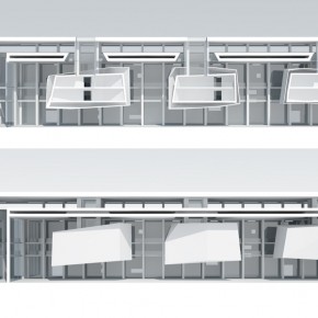 Edificio del C.O.N.I. sezioni longitudinali. Il nuovo edificio conterrà un auditorium, uffici, aree espositive disposte; funzioni distribuite all’interno di prismi sospesi.