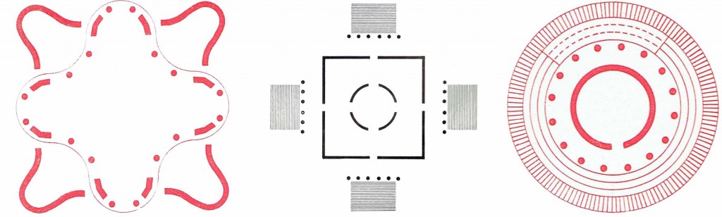 da sinistra: Schema della piazza d'oro nella Villa Adriana a Tivoli, II secolo. | Schema della rotonda di Andrea Palladio in Vicenza. | Schema planimetrico del tempietto di S.Pietro in Montorio del Bramante a Roma